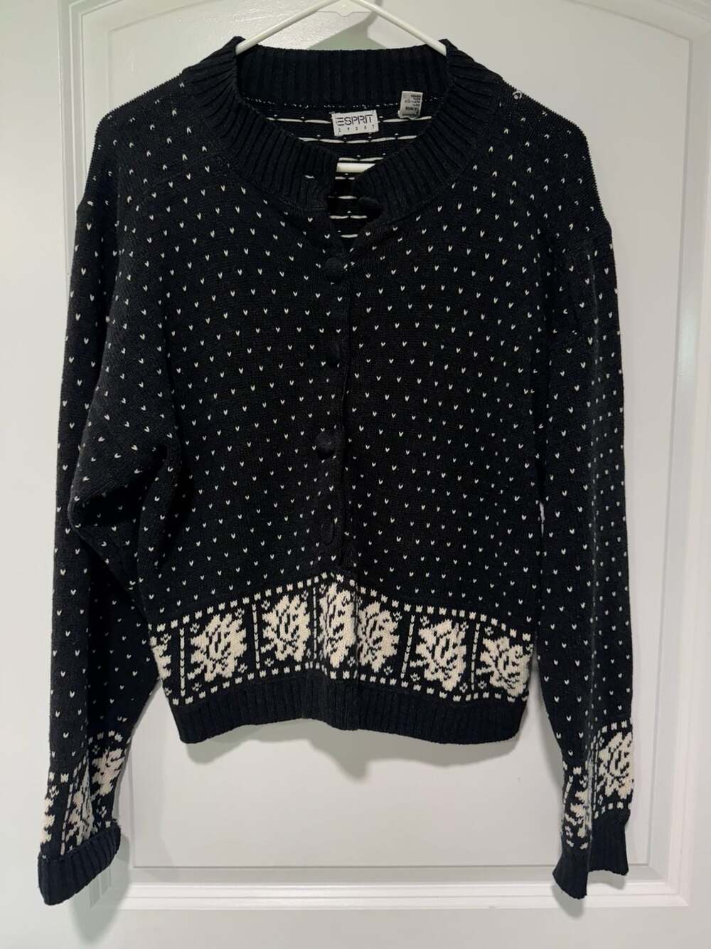 Vintage 90s Fair Isle Nordic Black White Knit Cardigan Sweater Womenโs L